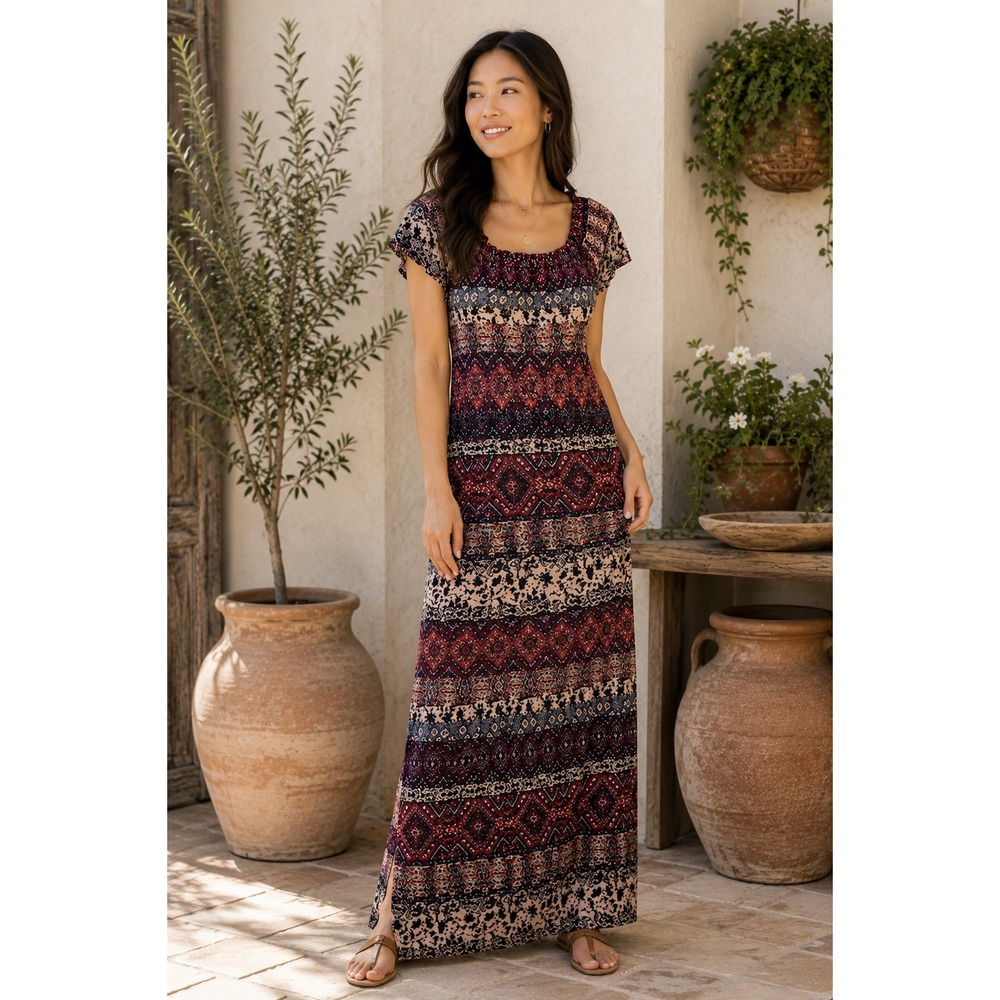 Soft Surroundings PM Boho Maxi Dress Petite Rayon Tribal Print Double Slit Hem